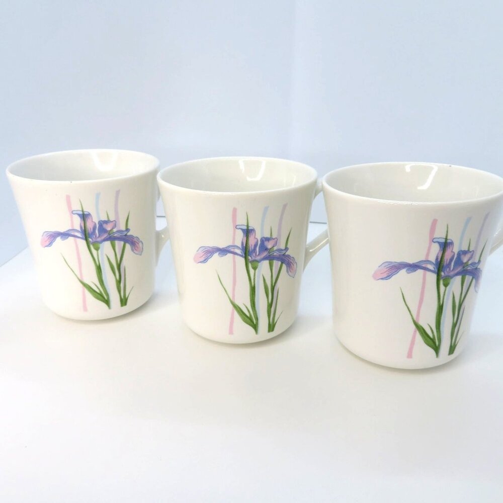 Vintage Set of 3 Corelle Coordinates Stoneware Shadow Iris Flower White Mugs